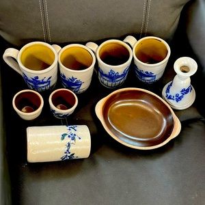 Salmon Falls, 4 mugs, 1 water mug, 1 candlestick, 2 tea cups, 1 small platter